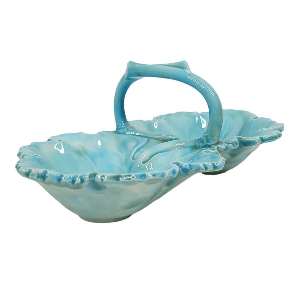 Vintage Holland Mold Double Leaf Dish Relish Condiment Soap Blue White Ceramic - Picture 2 of 10